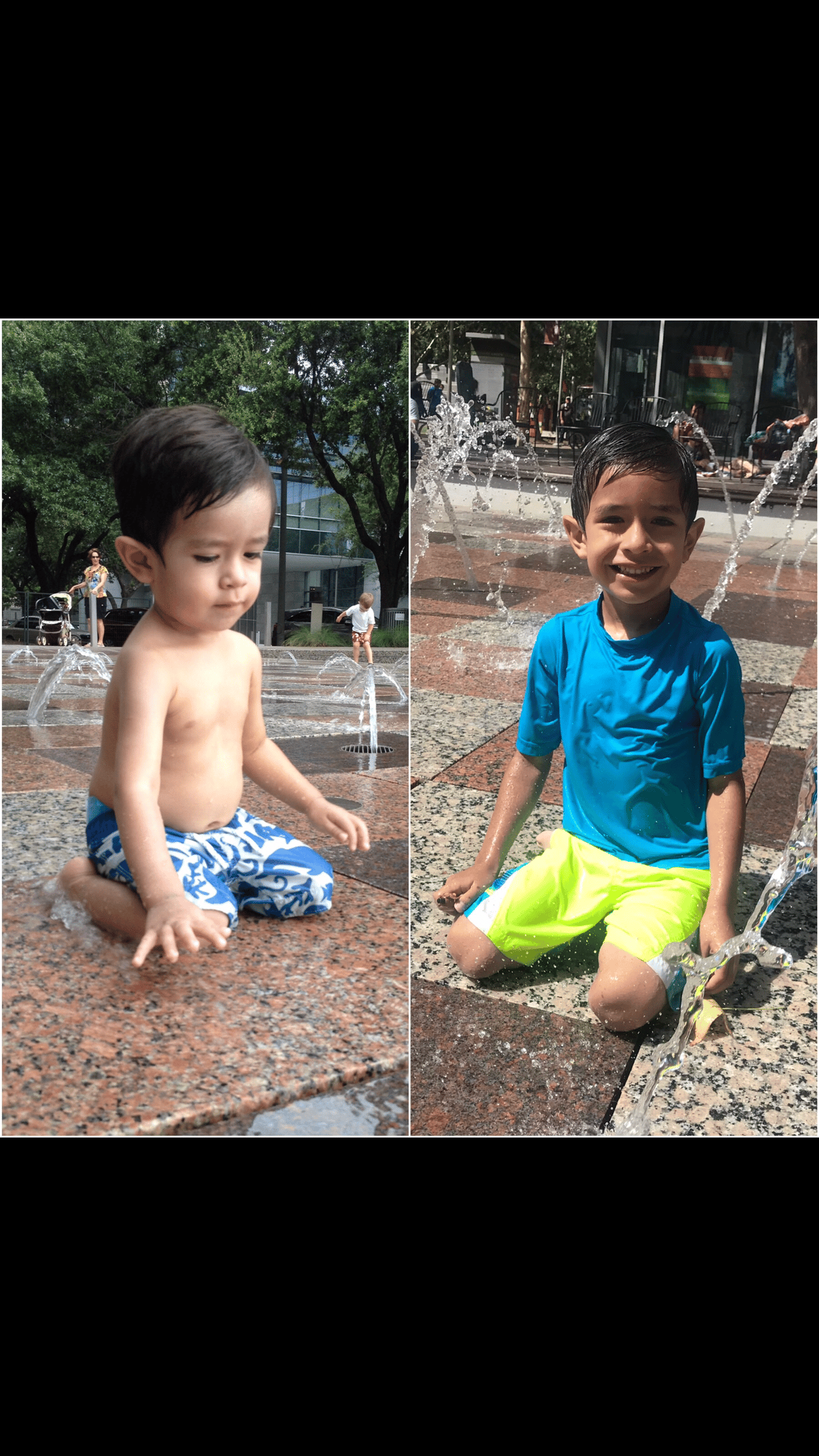 A boy grows up in these two photos at the water fountains at Discovery Green