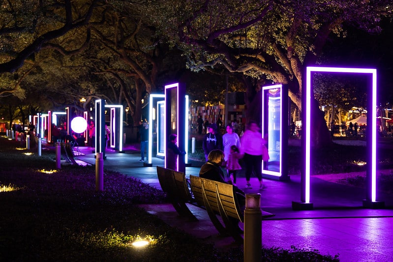 Solstice by Studio Iregular, a bright and colorful winter art installation, in Downtown Houston