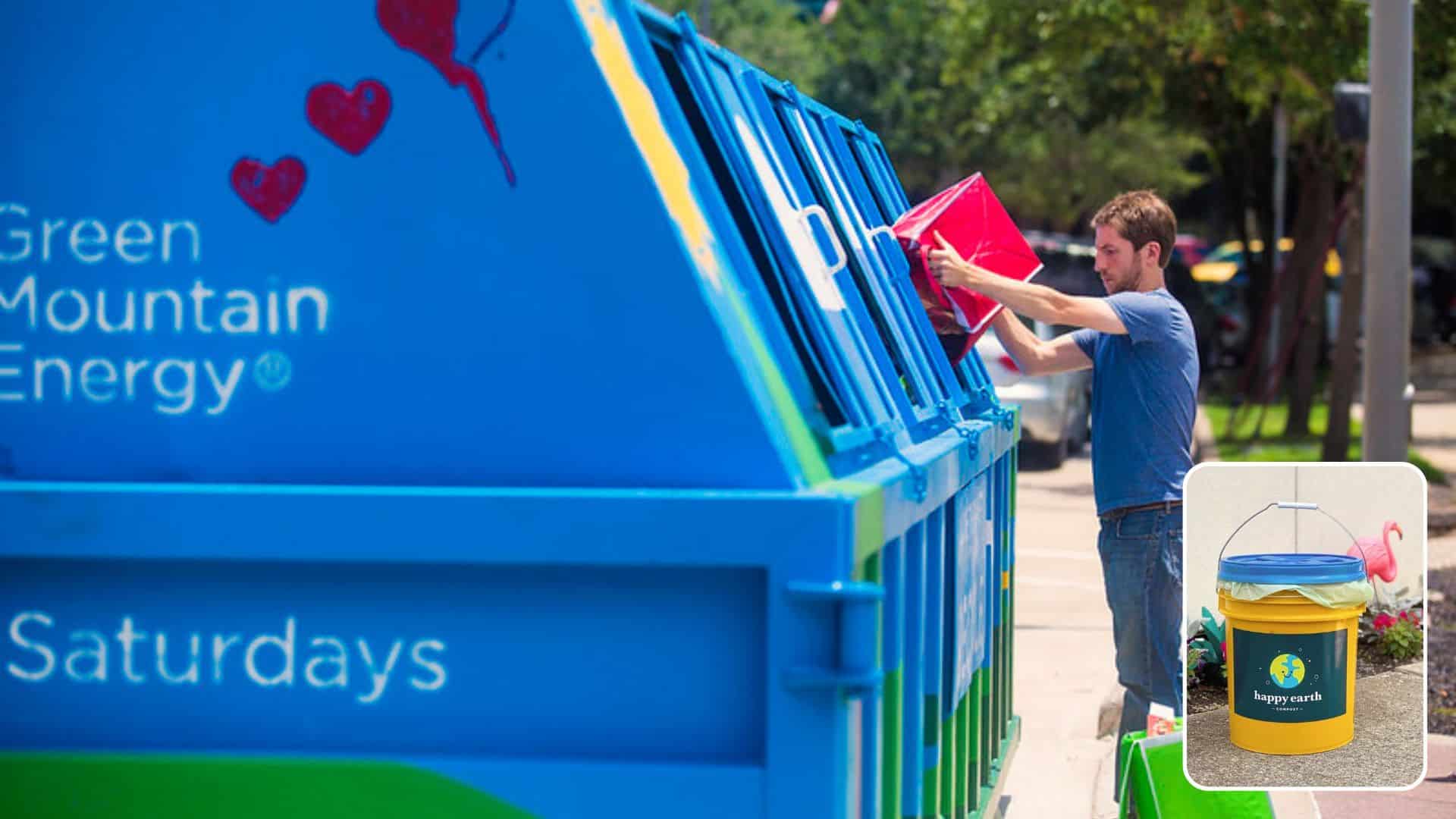 Man dropping their recyclables into the bin at Discovery Green in Downtown Houston