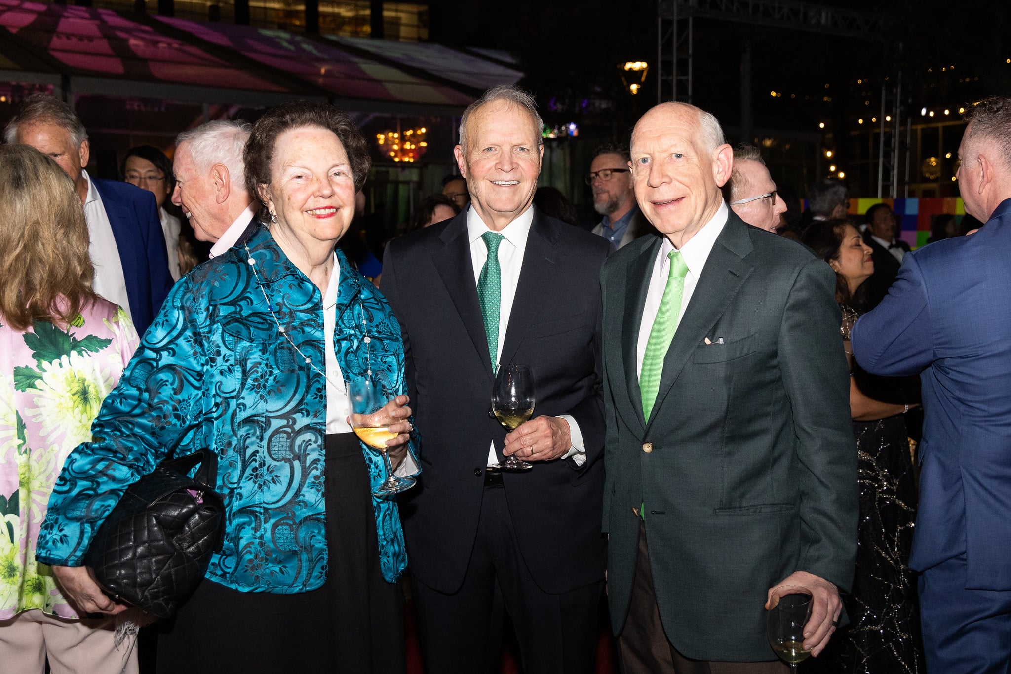 From L-R: Mary Ann Faulkner, Larry Faulkner, Bill White  Gala on the Green® at Discovery Green in downtown Houston. February 23, 2023. Photo: Lawrence Elizabeth Knox