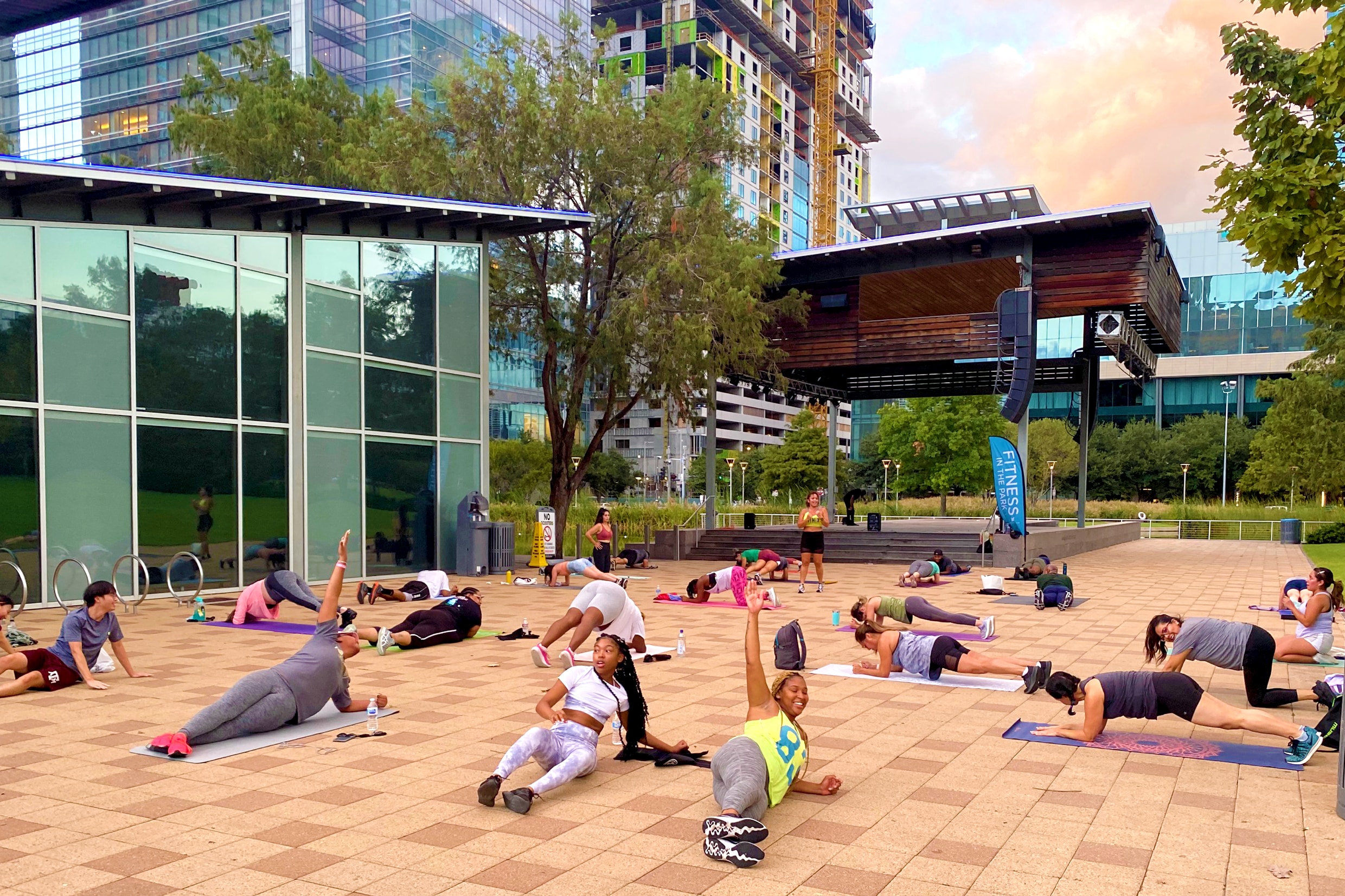 Free outdoor HIIT fitness class at Discovery Green in Downtown Houston