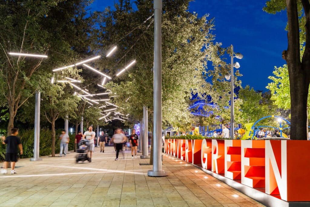The new lights at the entryway to Discovery Green are seen in this photo to promote Park After Dark. Photo by Lawrence Elizabeth Knox.