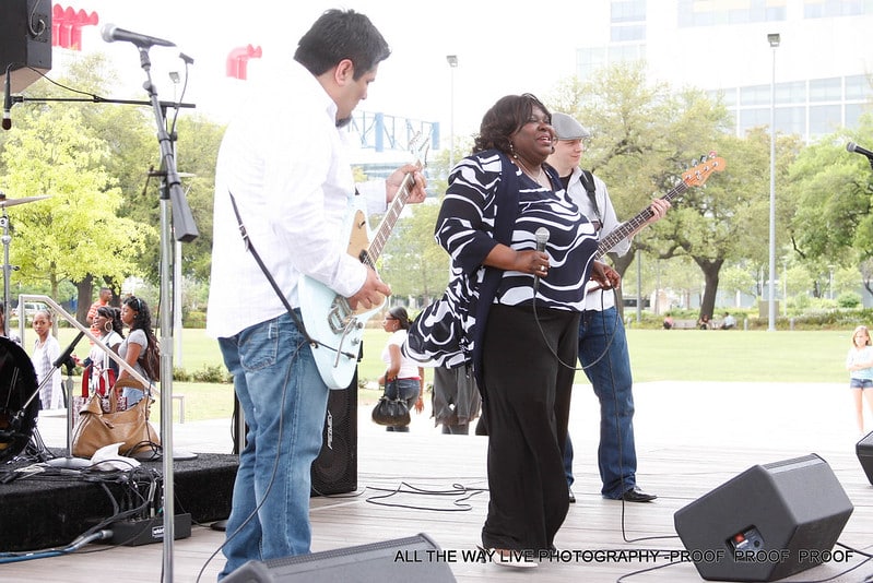 Diunna Greenleaf, blues and jazz artists, on stage at Discovery Green in Downton Houston, TX