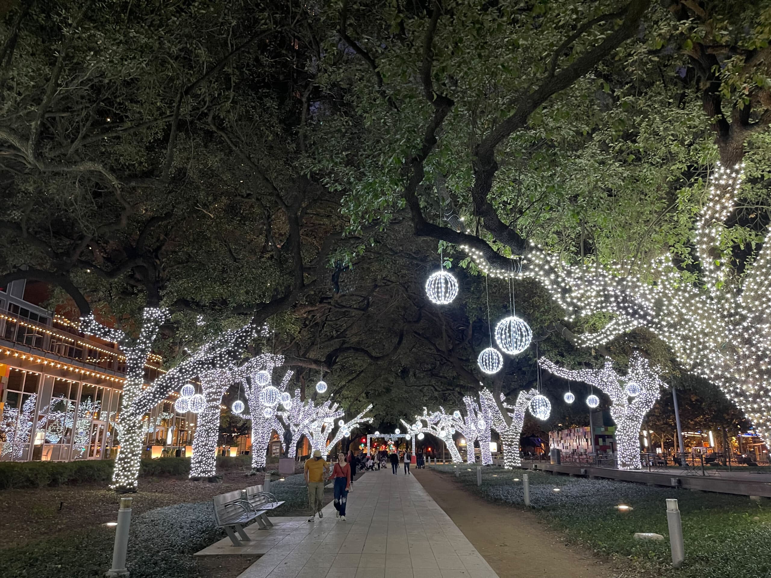 Winter White Lights at Discovery Green presented by PNC Bank. The trees are decorated with festive holiday lights for the season.